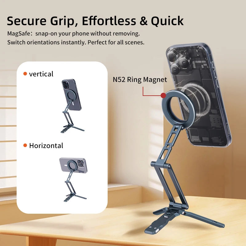 XILETU Magsafe Magnetic cell Phone Tripod Stand with Hook Foldable Desktop Holder for iPhone desktop Selfie Video Mobile tripods