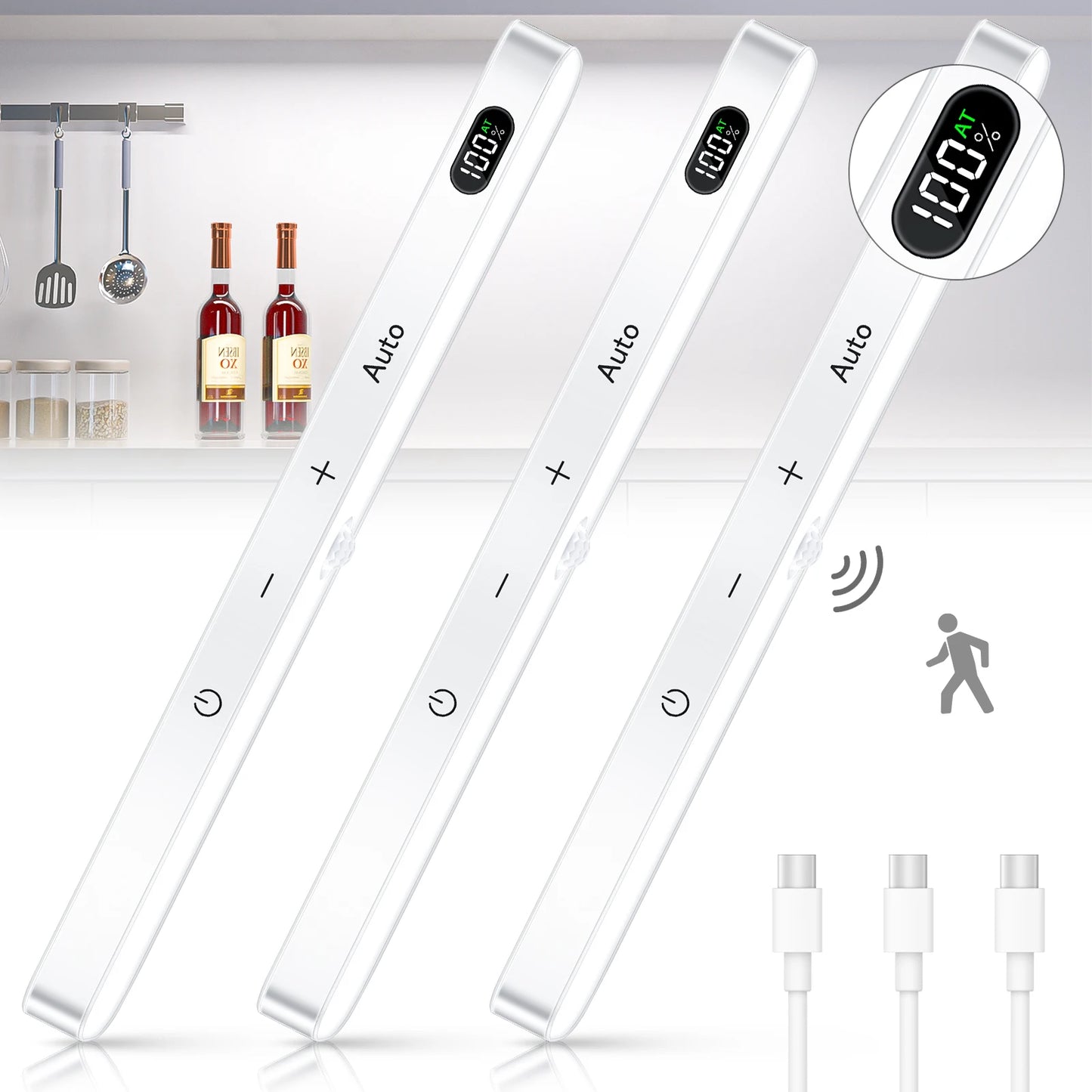 WILLED Motion Sensor Cabinet Light Battery Display 60 LED Touch Light Bar Wireless Rechargeable Battery Night Light