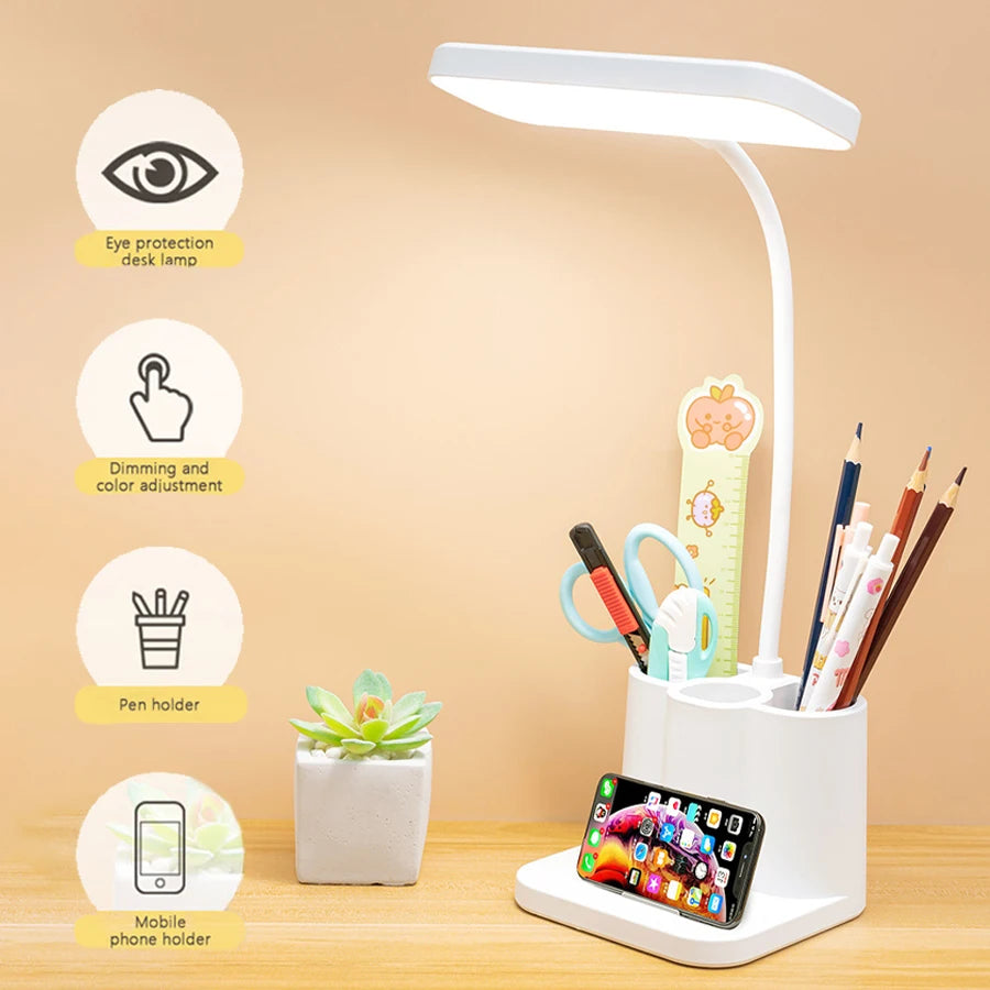 USB Rechargeable LED Desk Lamp Dormitory Bedroom Bedside Table Lamp Eye Protection Reading Lamp with Pen Holder Study Nightlight