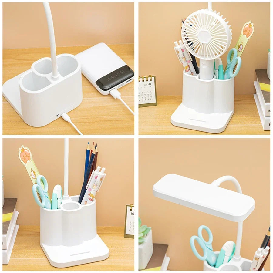 USB Rechargeable LED Desk Lamp Dormitory Bedroom Bedside Table Lamp Eye Protection Reading Lamp with Pen Holder Study Nightlight
