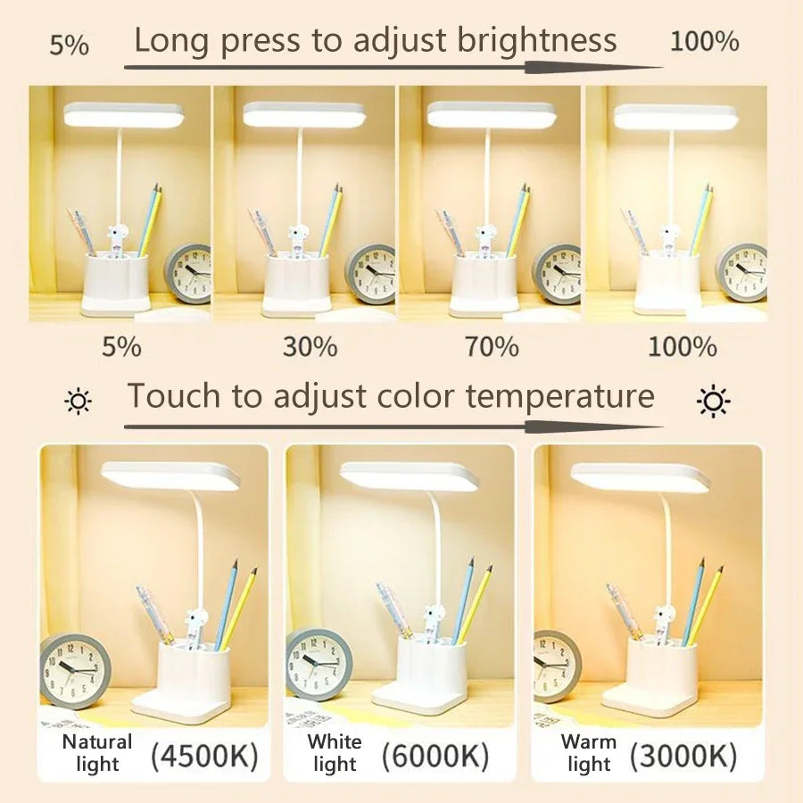 USB Rechargeable LED Desk Lamp Dormitory Bedroom Bedside Table Lamp Eye Protection Reading Lamp with Pen Holder Study Nightlight