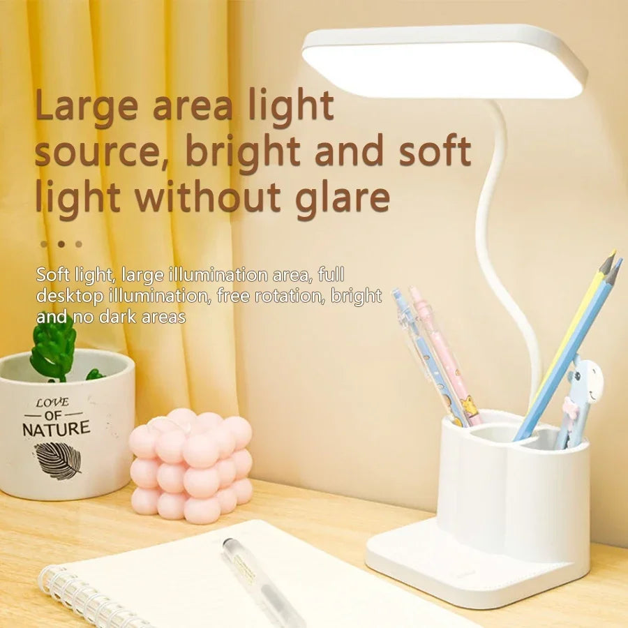 USB Rechargeable LED Desk Lamp Dormitory Bedroom Bedside Table Lamp Eye Protection Reading Lamp with Pen Holder Study Nightlight