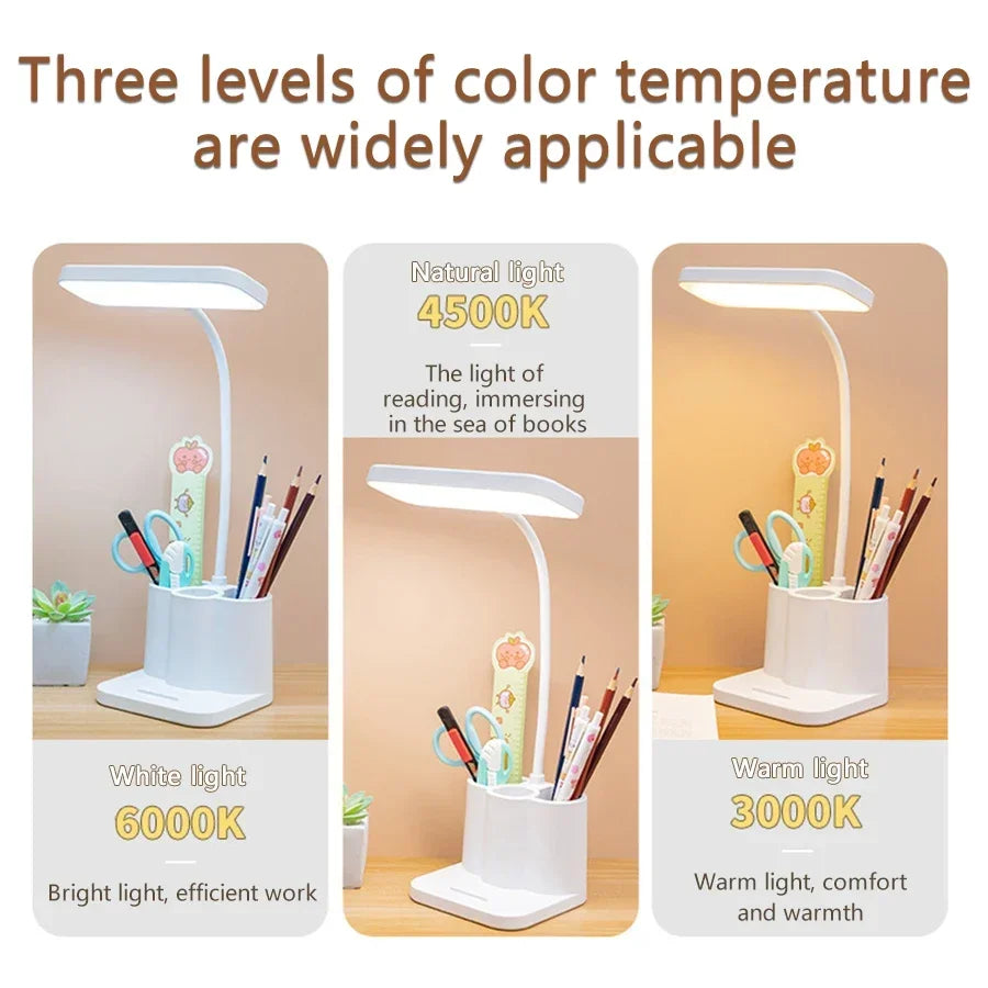 USB Rechargeable LED Desk Lamp Dormitory Bedroom Bedside Table Lamp Eye Protection Reading Lamp with Pen Holder Study Nightlight
