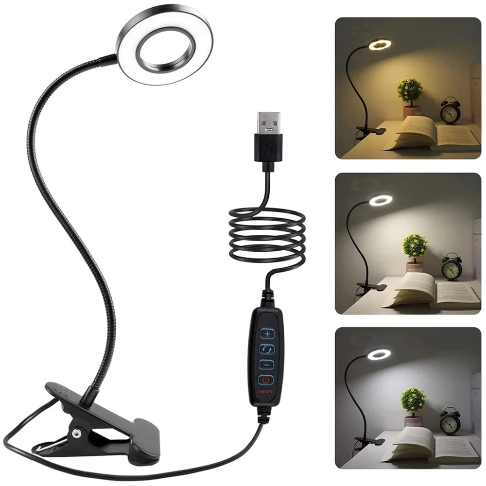 48 LED USB Book Light Clip Desk Lamp Reading Light with 3 Color Mode 10 Brightness Dimmer 360° Flexible Gooseneck Bed Night Lamp